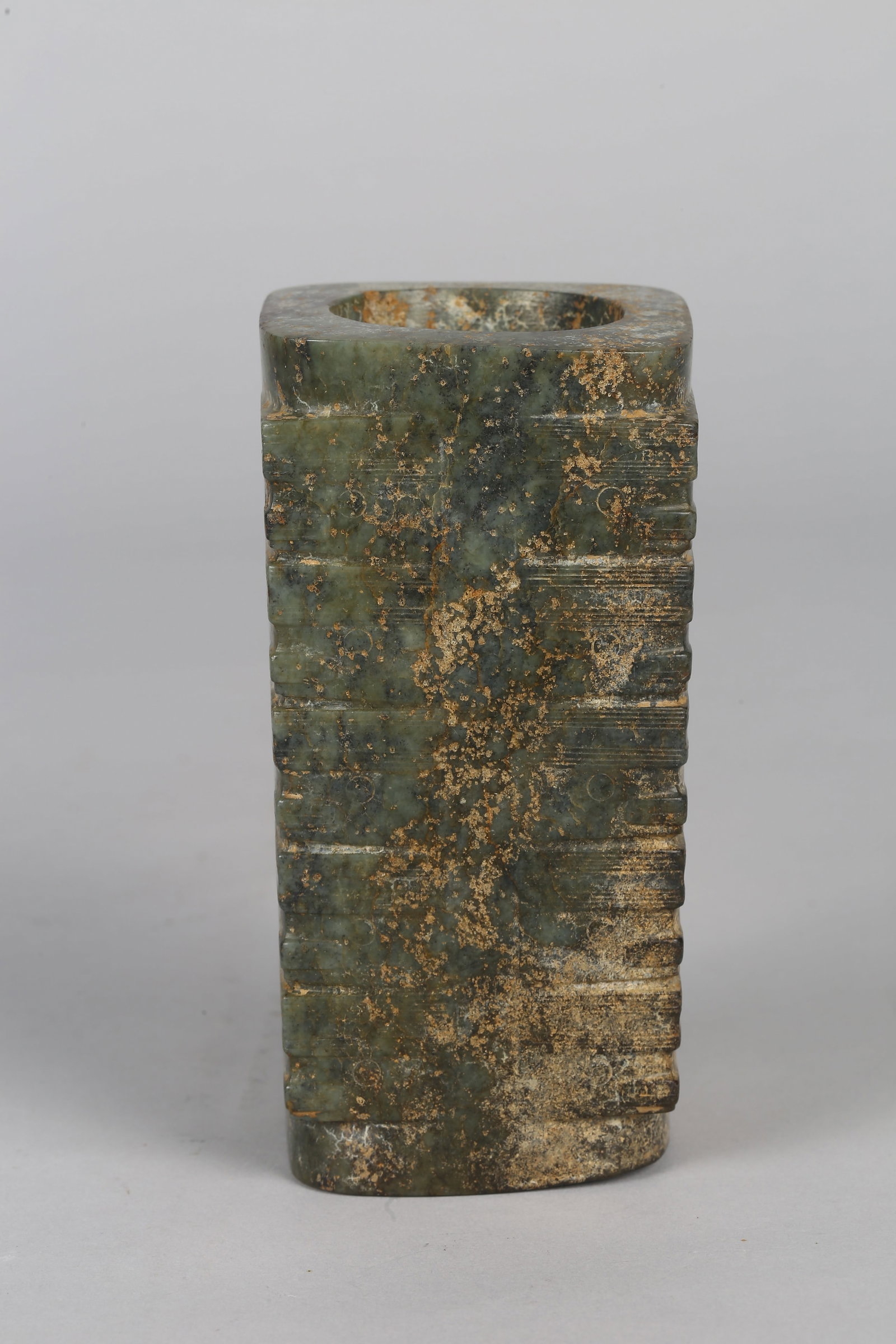 A Large Mottled Green Jade Cong - 12