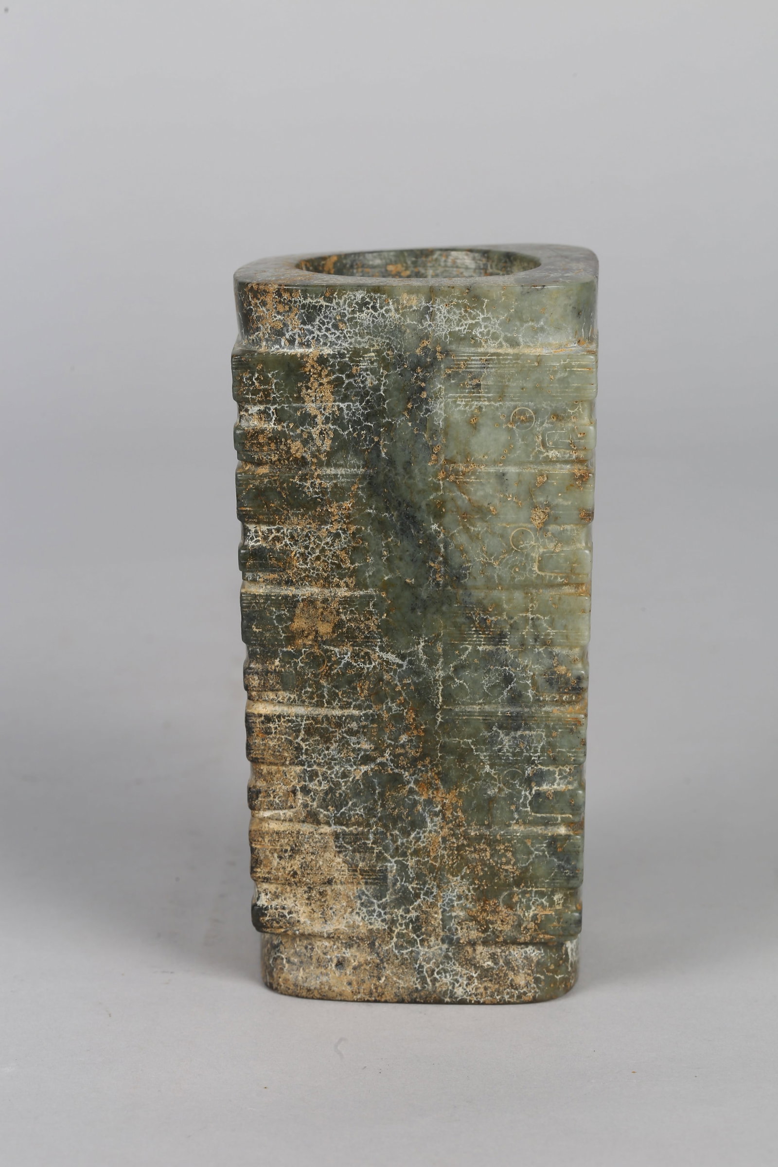 A Large Mottled Green Jade Cong - 13