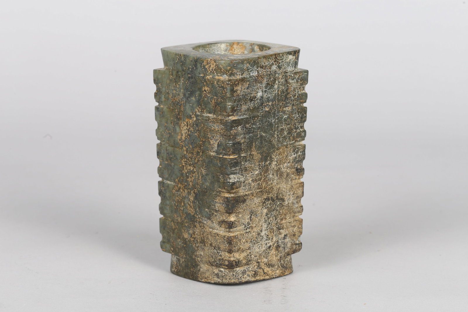A Large Mottled Green Jade Cong - 2