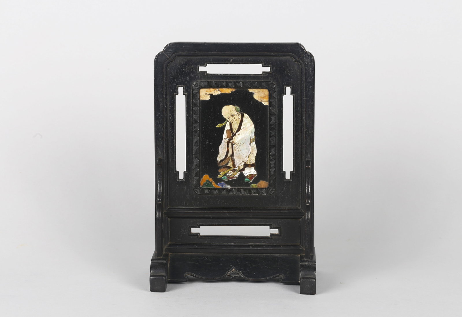 A Zitan Mother-of-Pearl Inlaid 'Shou Star' Table Screen: 清 紫檀嵌百寶壽星詩文硯屏 Finely carved in zitan and of rectangular form, the central panel delicately inlaid in mother-of-pearl