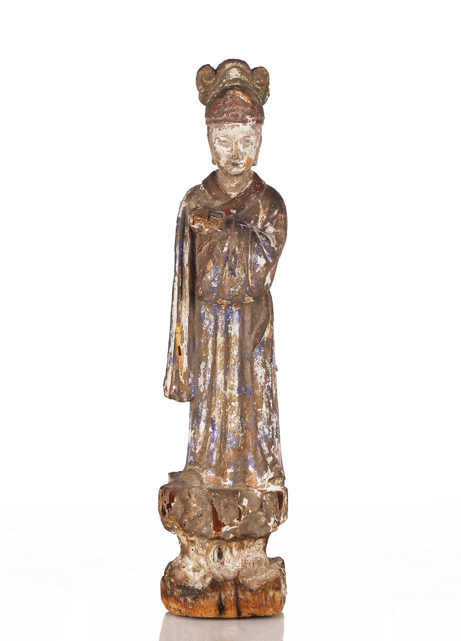 A Chinese Painted Wood Carving of Taoist Immortal: 明 加彩木雕文官仙人立像 Carved standing, the left hand holding a book in front of the chest, dressed in long robes, wearing hat, the f