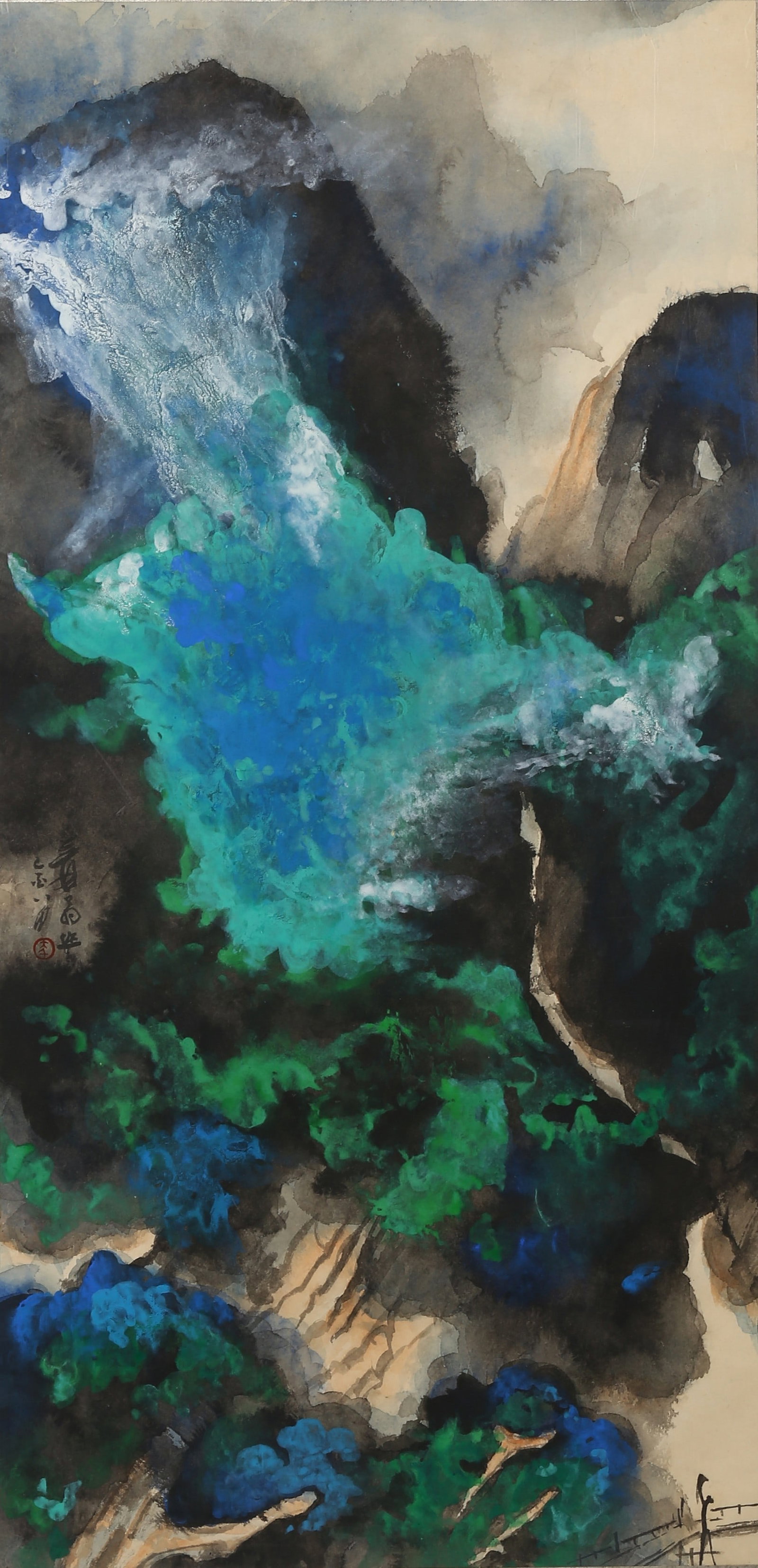 Zhang Daqian(1899-1983): Landscape in Splashed-Ink: 張大千(1899-1983）潑彩山水 設色紙本 帶框 Color and ink on paper. Landscape in Splashed-Ink. Framed. Signed Yuan, wit