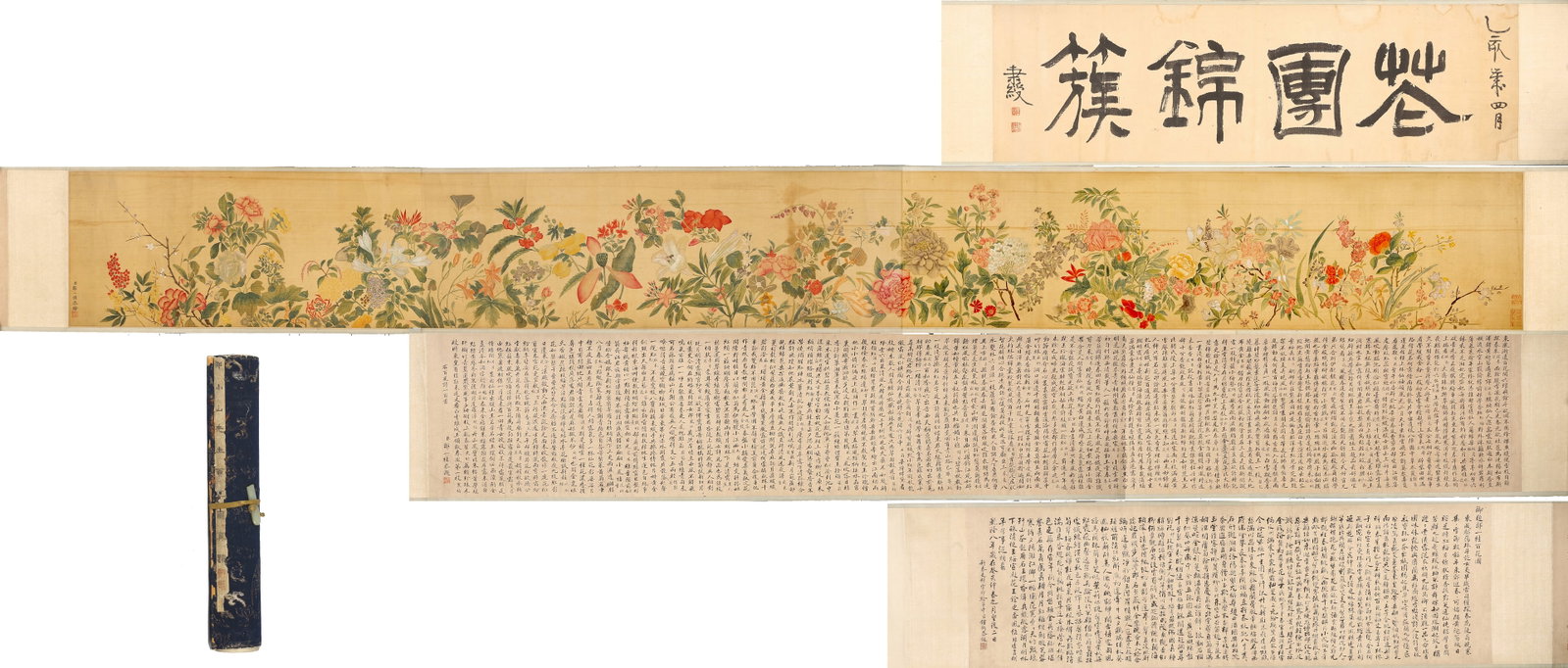 After Zou Yigui(1754-1815): Hundreds of Flowers Handscroll: 鄒一桂(1754-1815）(款)百花圖 設色絹本 伊秉綬題引首 鐘衡題跋 Color