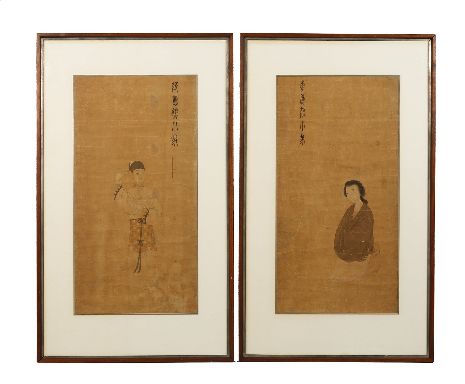 Two Chinese Ming Figures Paintings: 明末清初 人物 設色紙本 帶框 Color and ink on paper, depicting Ming dynasty figures, framed, each inscribed with the figure’