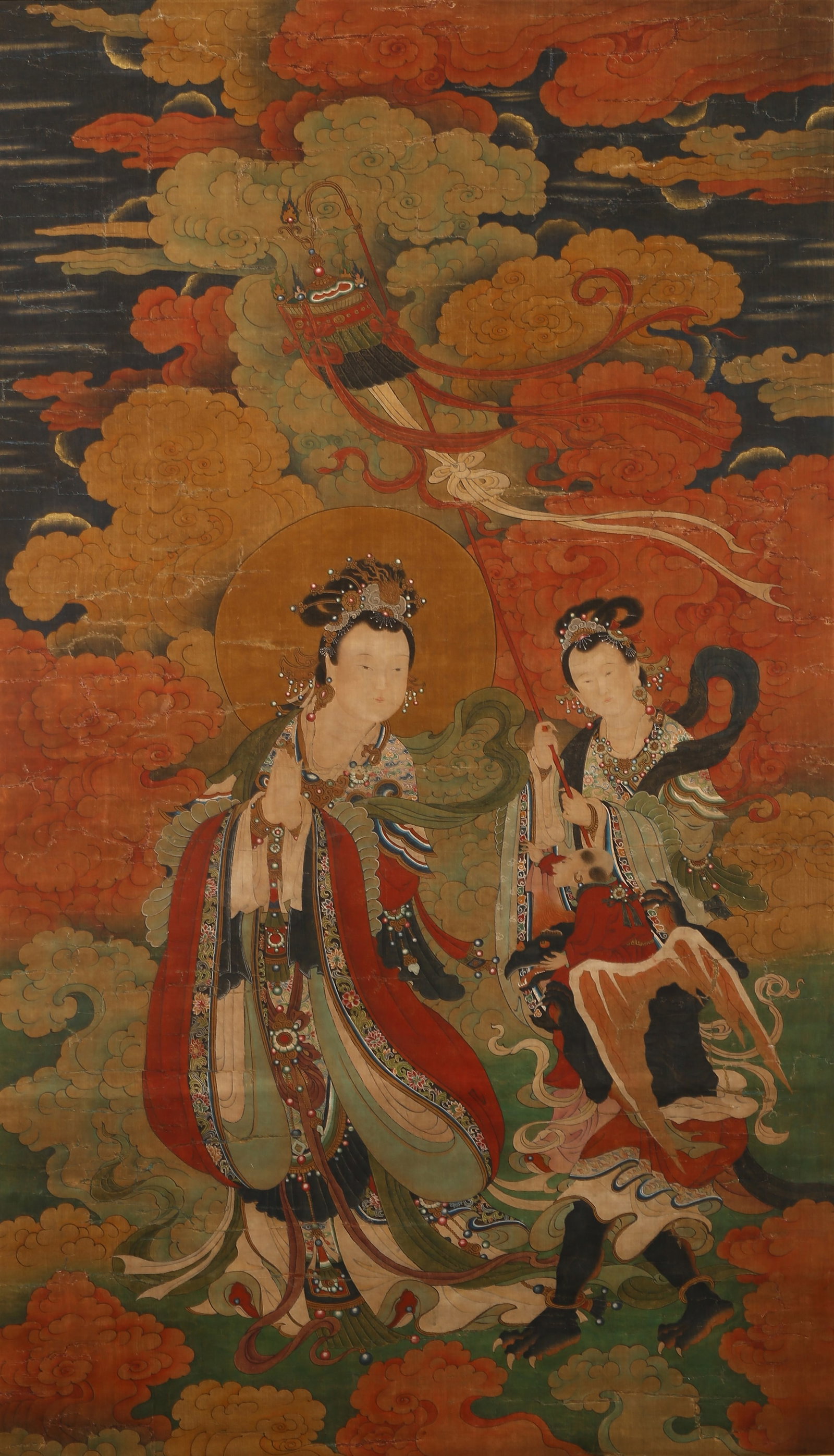 Anonymous: Celestial Figures Among Clouds: 佚名 飛天仕女圖 設色絹本 Color and ink on silk. Celestial Figures among clouds. Hanging scroll. Height:45 1/2 in (115.6 cm)Width:26 1/