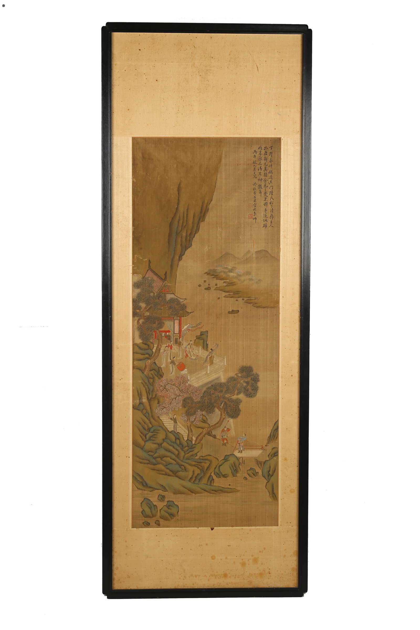 Leng Mei(1669-1742): Palace and Figures: 冷枚(1669-1742） 樓閣人物 設色絹本 帶框 Color and ink on silk. Palace and Figures. Framed. Inscribed and signed Leng Mei,