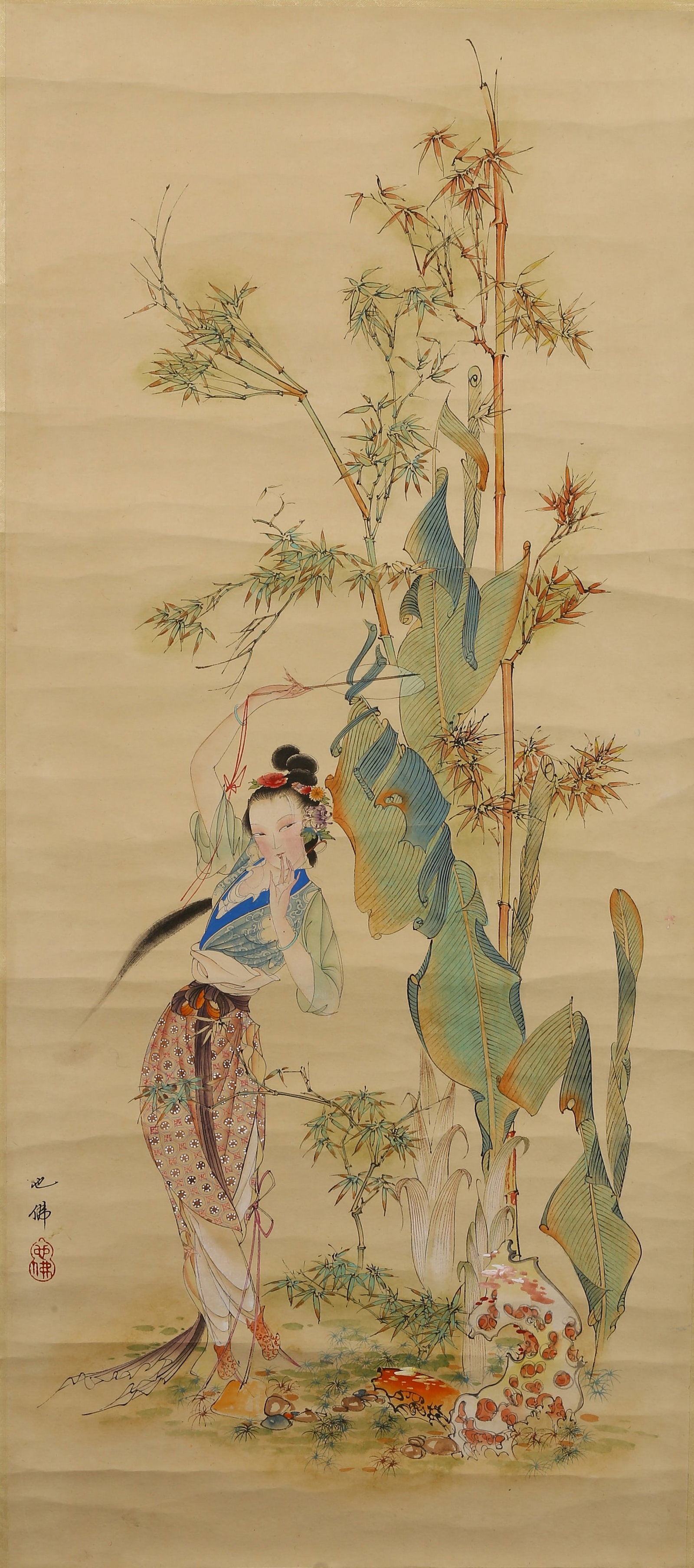 Hu Yefo(1908-1980):Lady under Plantain Leaves: 胡也佛(1908-1980) 芭蕉仕女 設色紙本 立軸 Color and ink on paper. Lady under Plantain Leaves. Hanging scroll. Signed Ye