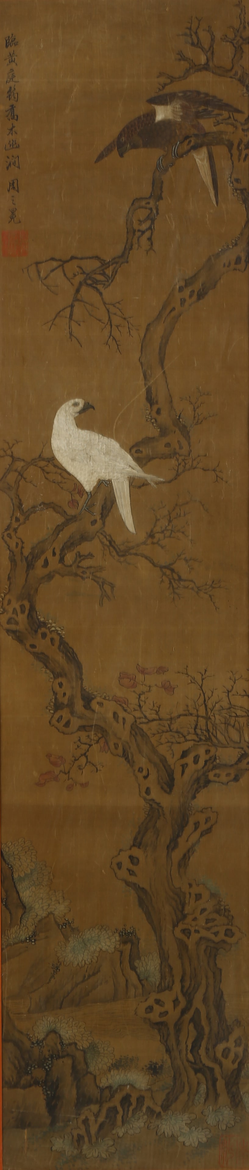 Zhou Zhimian(active 16th century):Birds: 周之冕(十六世紀)喬木幽澗圖 設色絹本 Color and ink in silk. Birds. Framed. Inscribed and signed Zhou Zhim