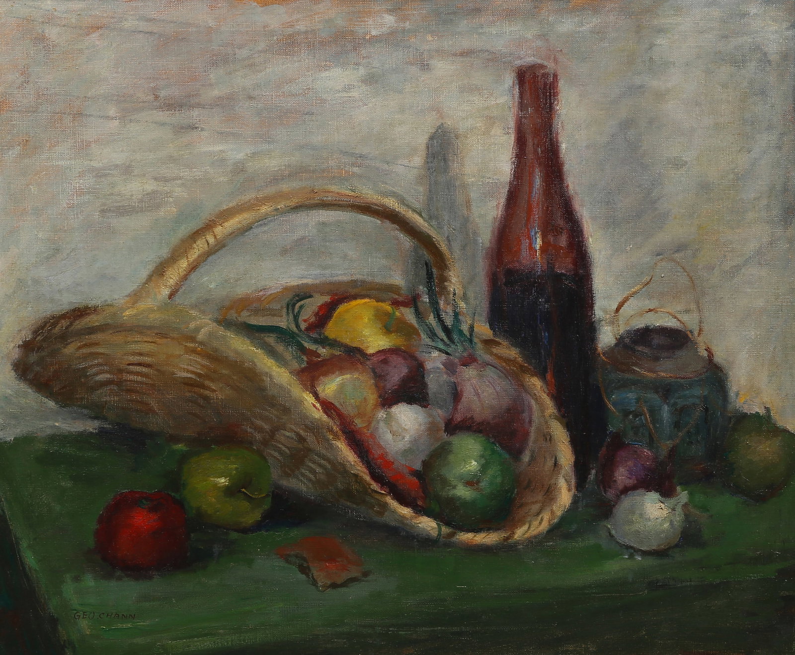 George Chann(1913-1995):Still Life: 陳蔭羆(1913-1995)水果和酒 油畫 Still Life with Basket of Fruit and Bottle. Oil on canvas, framed. Signed Geo. Chann lower left. George Chann