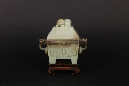 A Celadon Jade Carved Square Censer