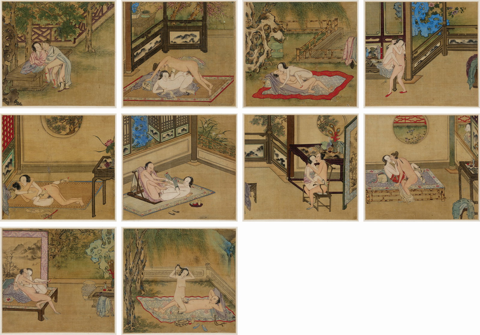A Chinese Album of Ten Erotic Paintings: 十九世紀 佚名 春宮圖 冊頁十開 設色絹本 Comprising ten leaves, ink and color on silk, each depictin