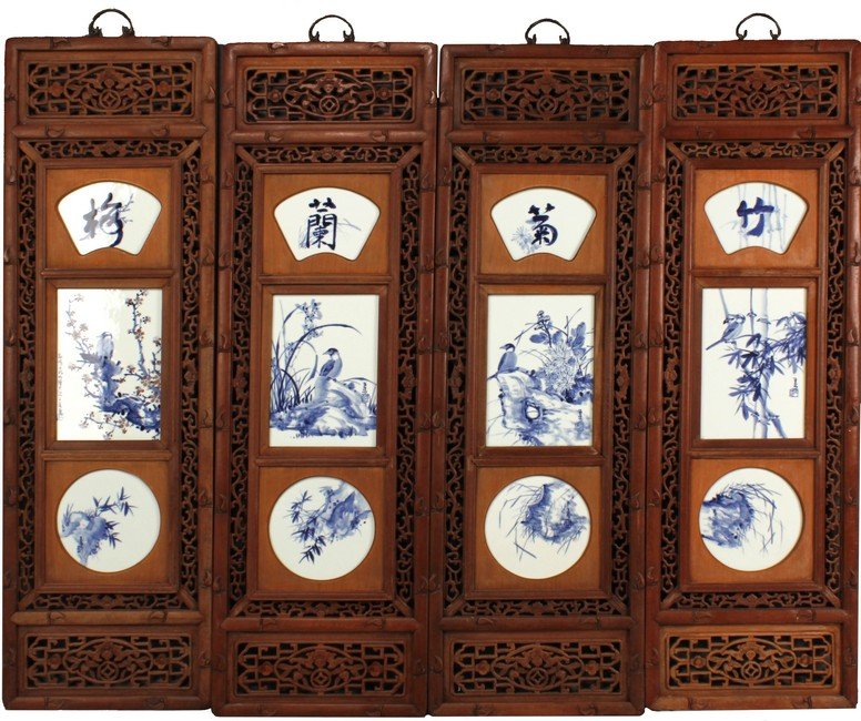 A SET OF FOUR HANGING SCREENS WITH PORCELAIN PLAQUES: Of rectangular form, the hanging screens pierce carved on the top and side with interlocking vine patterns, middle inset with three blue and white porcelain plaques, one fan shaped with Chinese charac