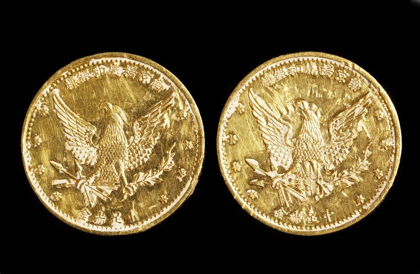 TWO VINTAGE CHINESE GOLD COINS: Two finely minted vintage Chinese 24k gold coins with the same design,the front with a Greek man portrait with olive branches, encircled by English “Nanking Yang Ching How Gold Silver Smith & Jewelr