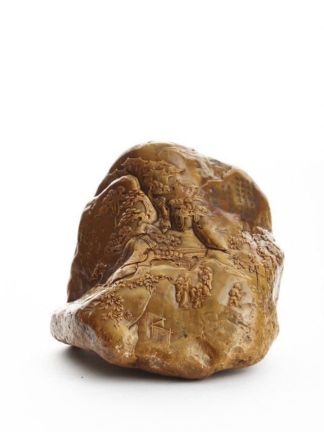 A SHOUSHAN SOAPSTONE 'LANDSCAPE' INSCRIBED BOULDER (1 of 8)