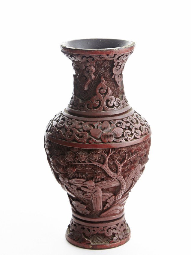 A CINNABAR LACQUER 'LANDSCAPE' VASE (1 of 6)