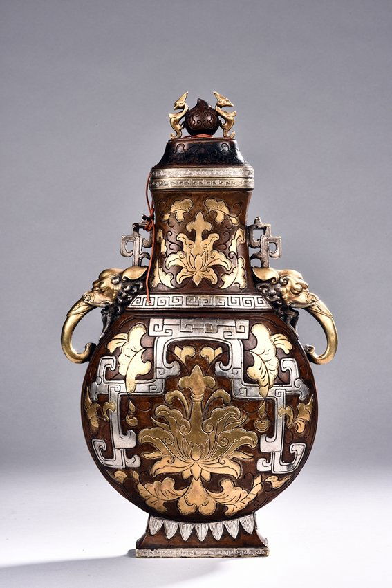 A BRONZE INLAID GOLD AND SILVER VASE W/ COVER (1 of 5)