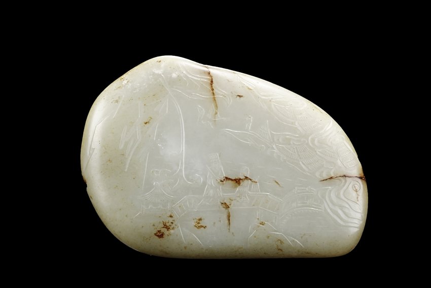 A NATURALISTIC CARVED HETIAN WHITE JADE BOULDER (1 of 4)