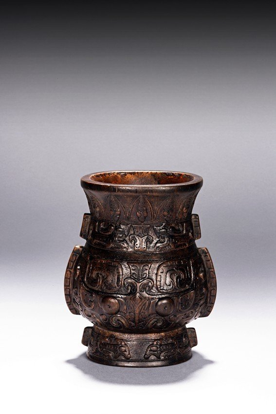AN AGARWOOD CARVED 'TAOTIE' ARCHAISTIC VESSEL (1 of 5)
