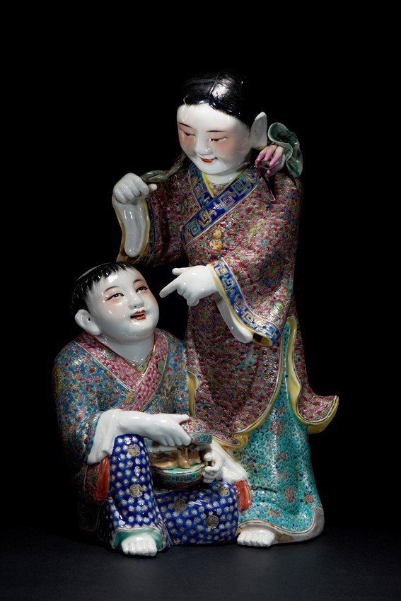 A FAMILLE-ROSE FIGURAL GROUP OF HEHE ERXIAN (1 of 5)