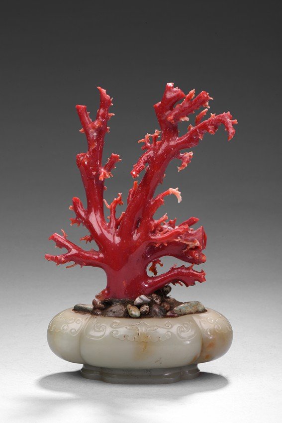 A WHITE JADE PLANTER WITH AKA RED CORAL (1 of 6)