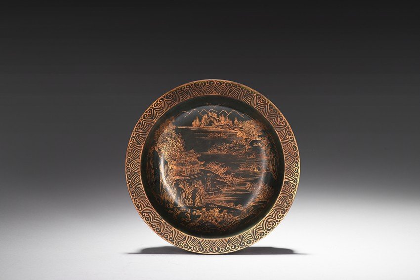A SPINACH GREEN JADE GILT-PAINTED LANDSCAPE BOWL (1 of 5)