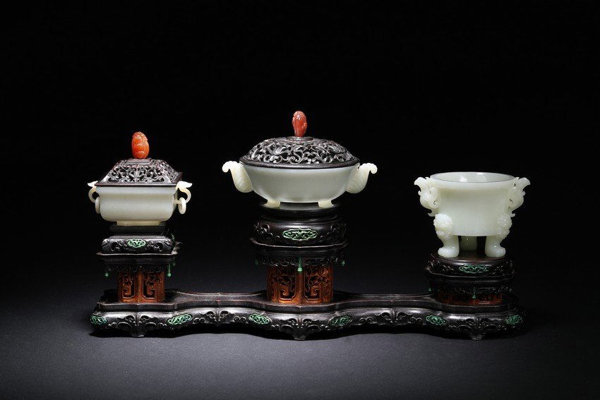 A SET OF THERE WHITE JADE CENSERS WITH ZITAN STAND (1 of 8)