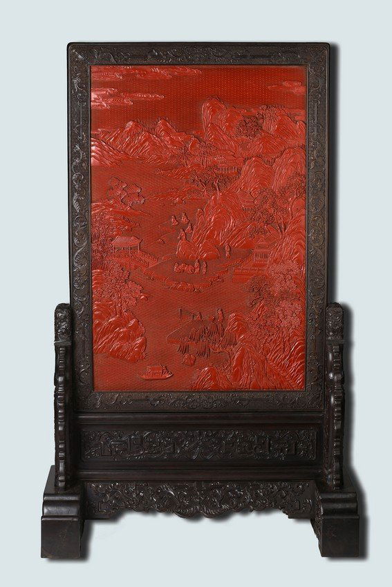 A LARGE CINNABAR LACQUER LANDSCAPE TABLE SCREEN (1 of 10)