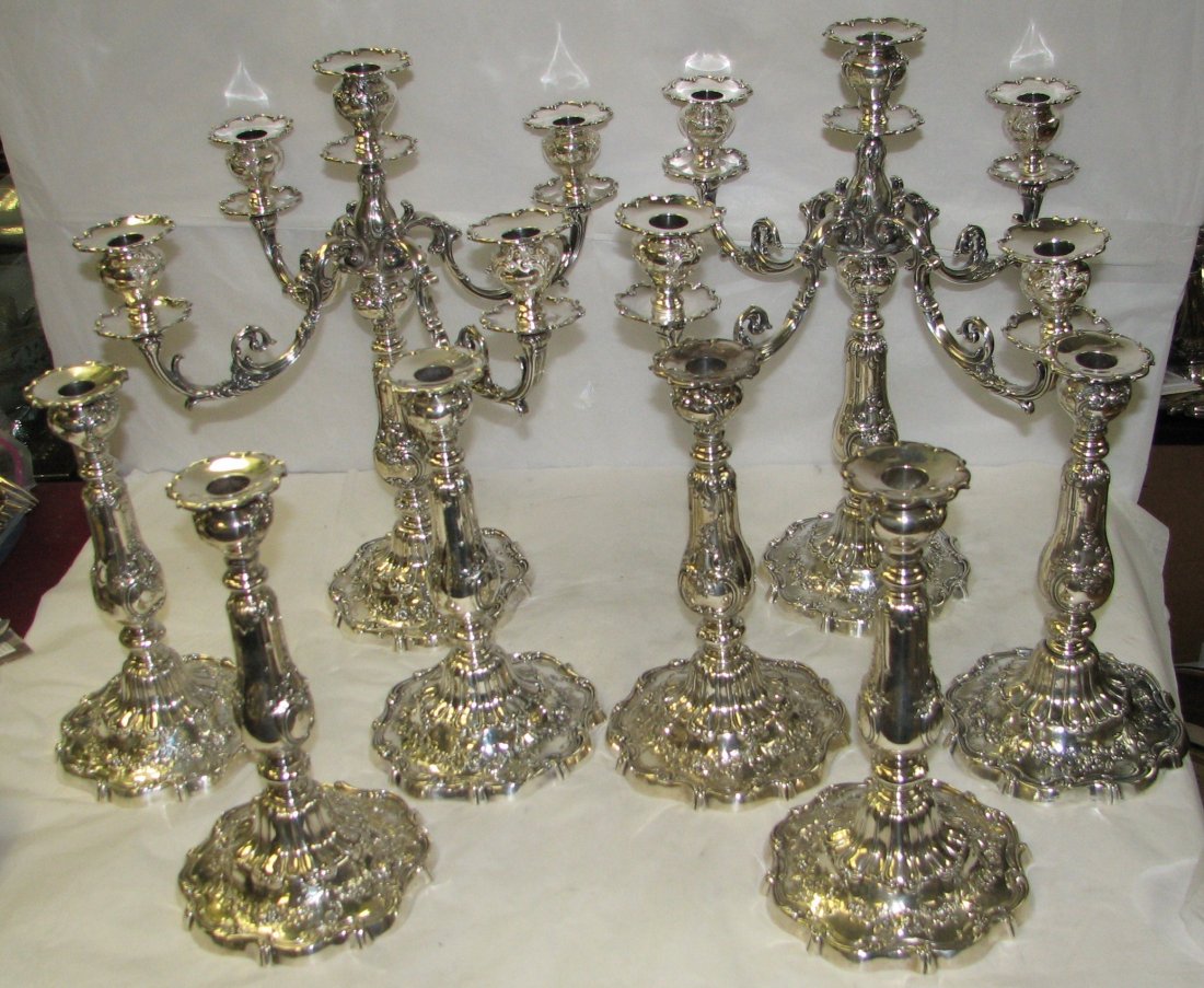 PAIR OF GORHAM CHANTILLY GRAND STERLING SILVER FIVE LIG: RARE PAIR OF Vintage Sterling Gorham Chantilly-Grand Candelabra WITH SIX MATCHING CANDLESTICKS . Excellent Condition! . ONE PAIR Large 5-light stunning sterling candelabra pair in the Gorham Chantilly