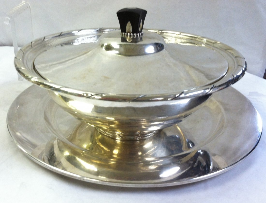 GEORG JENSEN DENMARK STERLING TUREEN & PLATE - 2