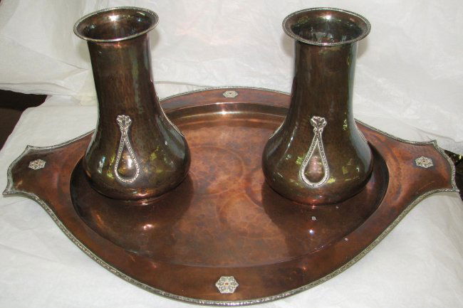 ARTS & CRAFTS SILVER & COPPER VASES & TRAY: Pair of Hammered Copper and Silver Vases & oval tray possibly by A.E. Jones Arts & crafts with great hammered copper & applied silver floral decoration. Both vases are numbered "2466" on bottom. 8" h,