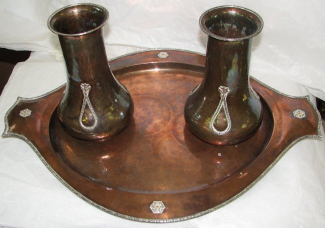 ARTS & CRAFTS SILVER & COPPER VASES & TRAY - 4