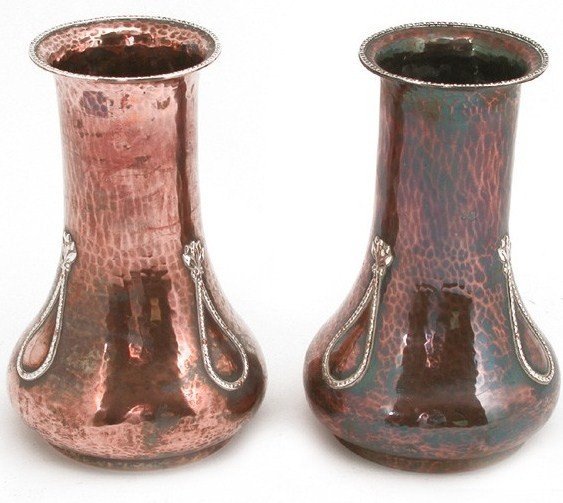 ARTS & CRAFTS SILVER & COPPER VASES & TRAY - 6