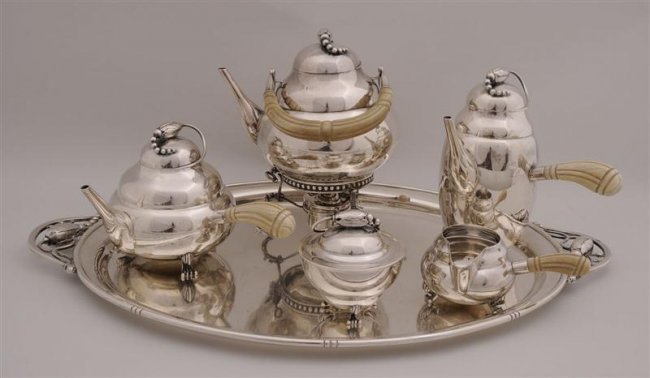 STERLING SILVER TEA SERVICE STYLE OF GEORG JENSEN