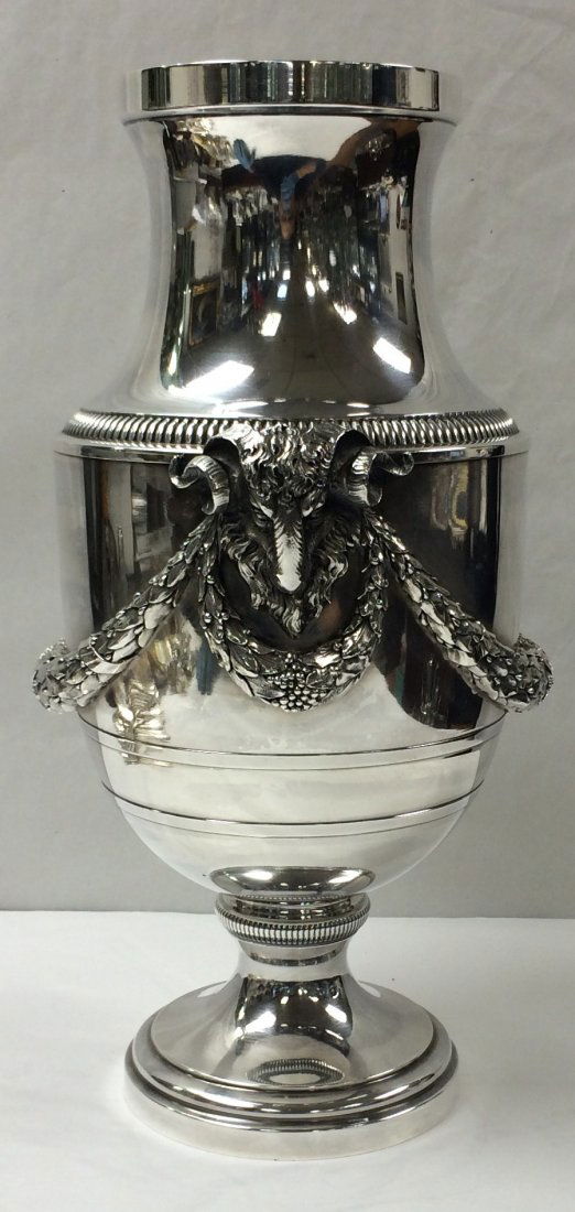 FRENCH 950 CHRISTOFLE SILVER VASE WITH RAMS HEADS: HIGH QUALITY FRENCH 950 SOLID SILVER VASE BY PRESTIGIOUS FRENCH SILVERSMITH CHRISTOFLE WITH APPLIED GARLANDS & RAMS HEADS MEASURING 13 INCHES IN HEIGHT & WEIGHING 43 TROY OUNCES.