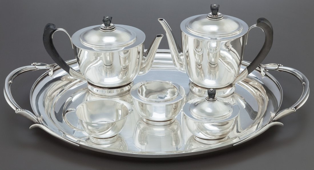 Alphonse La Paglia tea & coffee service with tray: THIS SERVICE IS A RARE EXAMPLE OF ALPHONSE LA PAGLIA ONE WHICH I HAVE NEVER SEEN!A SIX PIECE INTERNATIONAL SILVER COMPANY SILVER AND EBONIZED WOOD TEA AND COFFEE SERVICE WITH TRAY DESIGNED BY ALPHONSE