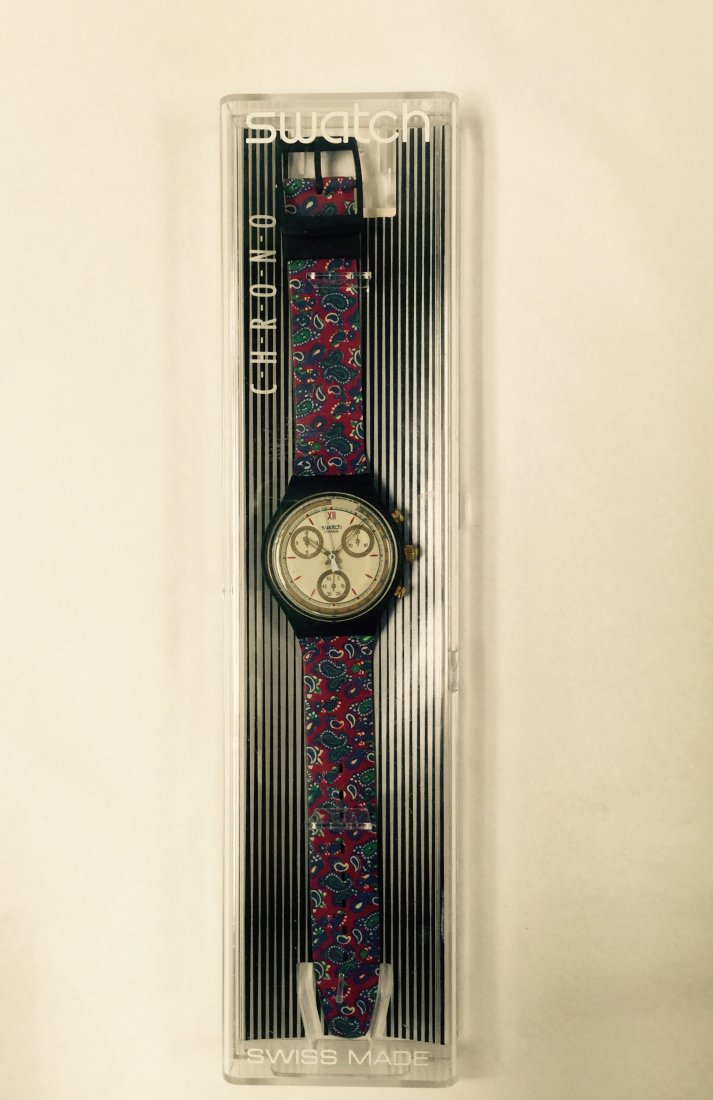 Swatch Watch Chrono 1990: Authentic Swatch Watch in the original box, never been used. It was purchased by prestigious collector Renato Pachetti 525 Park Avenue in second half of the twenties century.