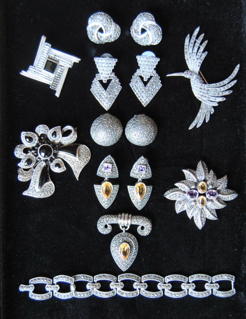 Sterling Brooches & Earrings: 5 brooches, 4 pairs of earrings, 1 bracelet; Sterling; 6.5 troy ounces