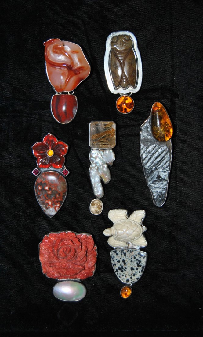 Group of 7 Natural Stone Brooches w/ Heavy Sterling: Group of 7 Natural Stone Brooches w/ Heavy Sterling Backs - 1 is "Amy Kahn Russell"
