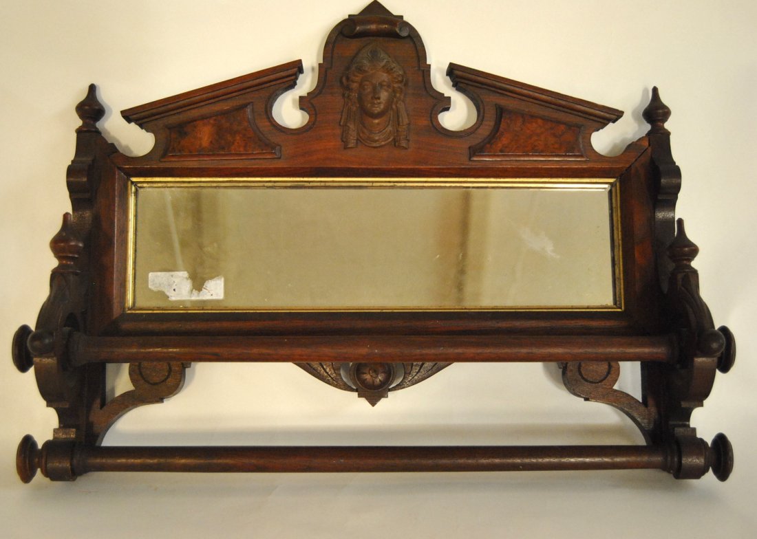 Victorian Walnut Carved Towel Bar w/ Mirror: Victorian Walnut Carved Towel Bar w/ Mirror