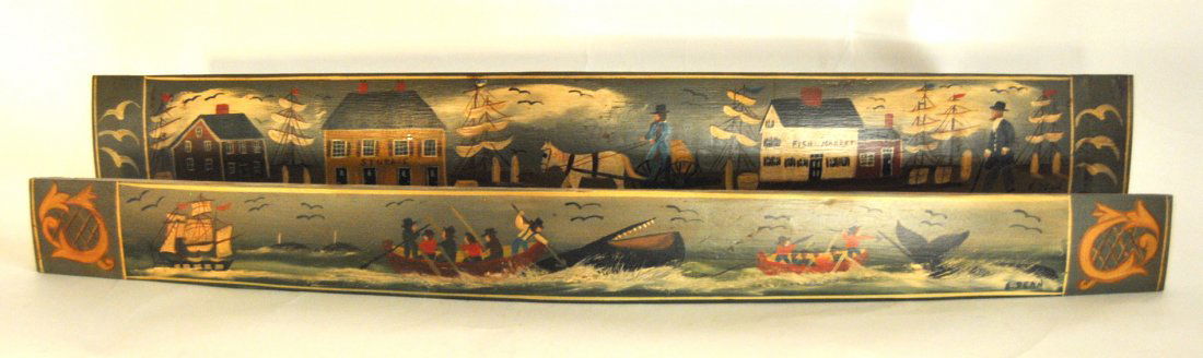 Pair of Hand Painted Barrel Staves: Two (2) hand painted barrel staves (34 1/2" L); Oak Barrel staves painted on front with a nautical whaling scene (possibly Nantucket) and a New England wharf/harbor scene; both artist signed E. Dean.