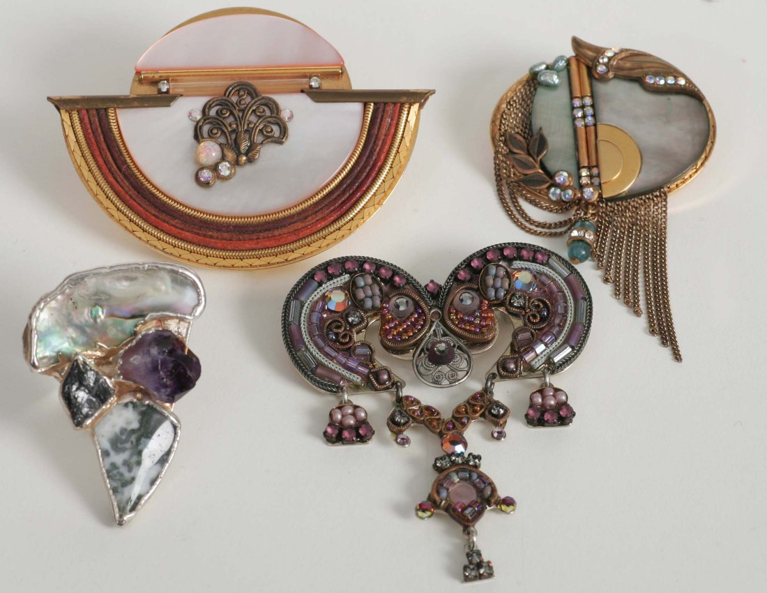 Ayala & Marena Costume Jewelry Lot: Costume jewelry lot consisting of; Ayala bar pin decorated with small glass beads and stones, Marena pins made in Germany combining mother of pearl and semi-precious stones 18kt gold-plated and Costum