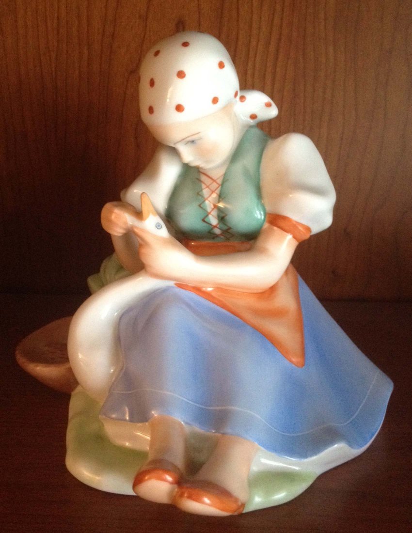 Zsolnay Figure of a Girl with Goose: Zsolnay Figure of a Girl with Goose, ht 6.5". From the estate of Mavis Lopater, to benefit the Hans and Mavis Lopater Foundation