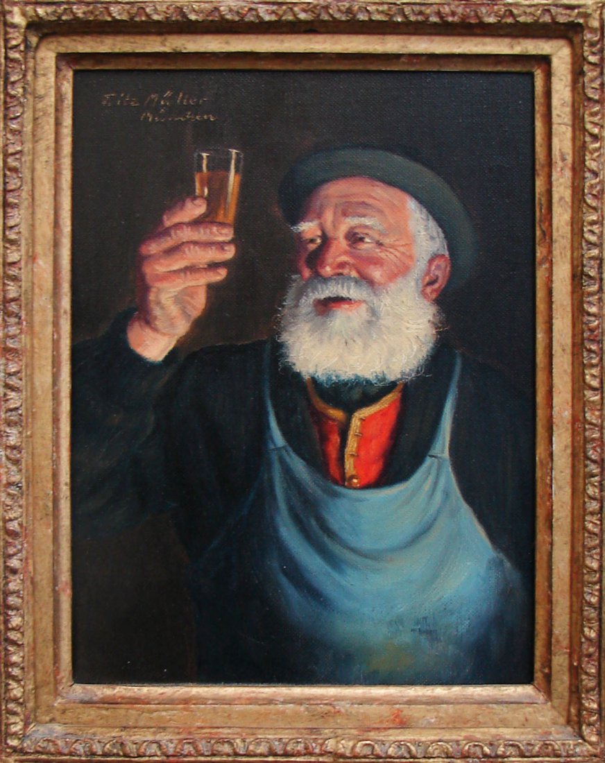 Man with a Drink Fritz Muller Untitled Oil on Can: Muller, Fritz (German 1879-1957) Untitled (Man with a Drink) Oil on canvas. 9 3/4" height by 7 1/4" width; undated. Signed upper left.
