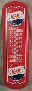 1954 Pepsi Logo Bottle Cap Metal Thermometer Sign: This Pepsi advertising thermometer is an original from 1942. It features the Pepsi-Cola bottle cap logo. The thermometer still works. There are scuffs and scratches to the paint from being used. 