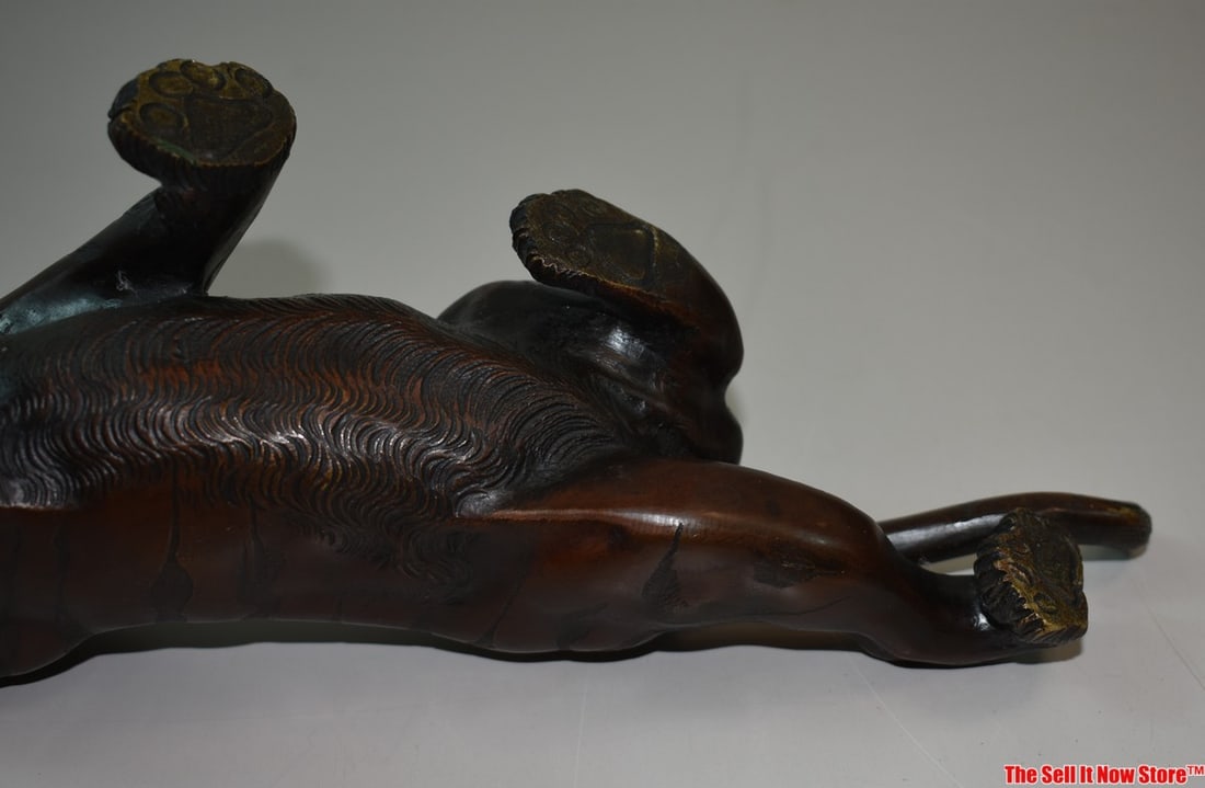 Japanese Meiji Period Bronze Glass Eyes Tiger Sculpture, 12" long x 4" wide x 6.5" tall (1 of 13)