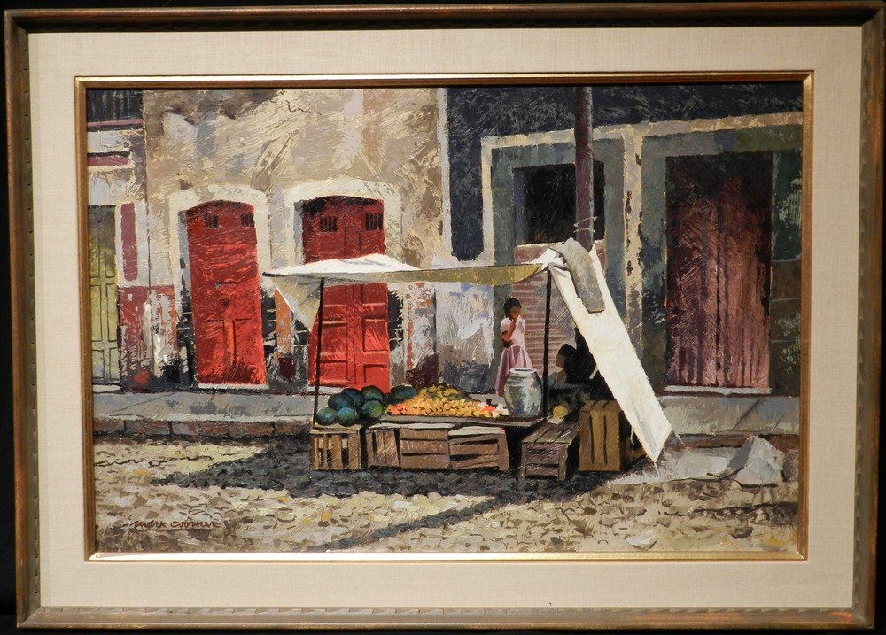 "The Fruit Stand" Mark Allen Coomer Oil on Panel: Oil painting on panel titled "The Fruit Stand" by Mark Allen Coomer (American, 1914-2004). The piece is signed in the lower, left corner. The framed measurements are 43" wide by 31-1/2" tall while the