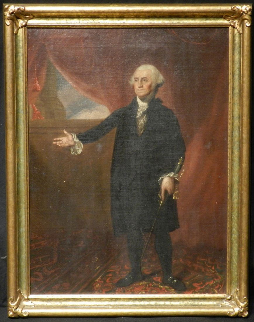 Lansdowne Portrait George Washington after Gilbert Stua: After Gilbert Stuart Lansdowne Portrait of George Washington. The original image was painted by Gilbert Stuart in the early 1800s. This was painted for a C. from S.L. Bond in 1856 as noted on the back