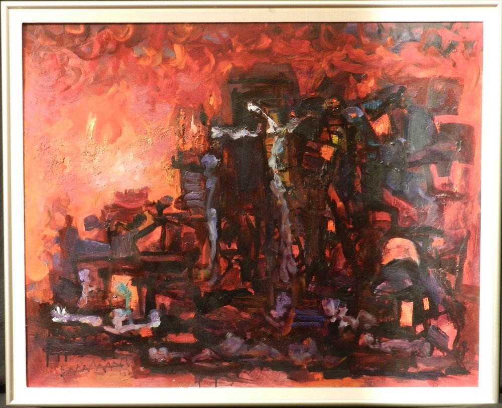 "Gomorrah" by Abraham Rattner Oil on Canvas: Oil painting on canvas titled "Gomorrah" by Abraham Rattner (American, 1895-1978). This piece is signed and dated in the lower left corner. The painting was created in 1963 and measures 25" wide by 31