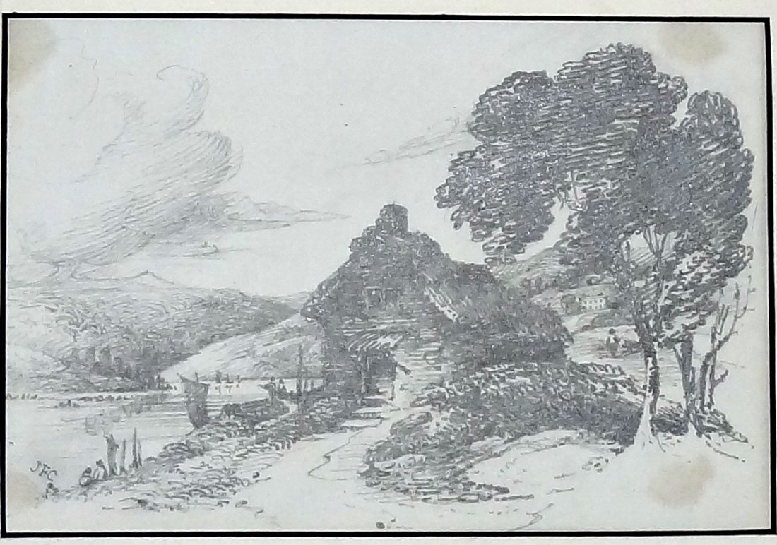 Jasper Francis Cropsey: "Cottage on the Hudson" Graphite and pencil on paper 7 1/2"x 4 5/8" Jasper Francis Cropsey (1823-1900) Notes; Signed "JFC" LL Provenance; Private collection of Hudson River School Paintings, Fleischma