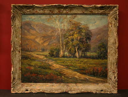 Hanson Duvall Puthuff: California LandscapernOil on canvas 19 1/2" x 15 1/2"rnHanson Duvall Puthuff (1875-1972)